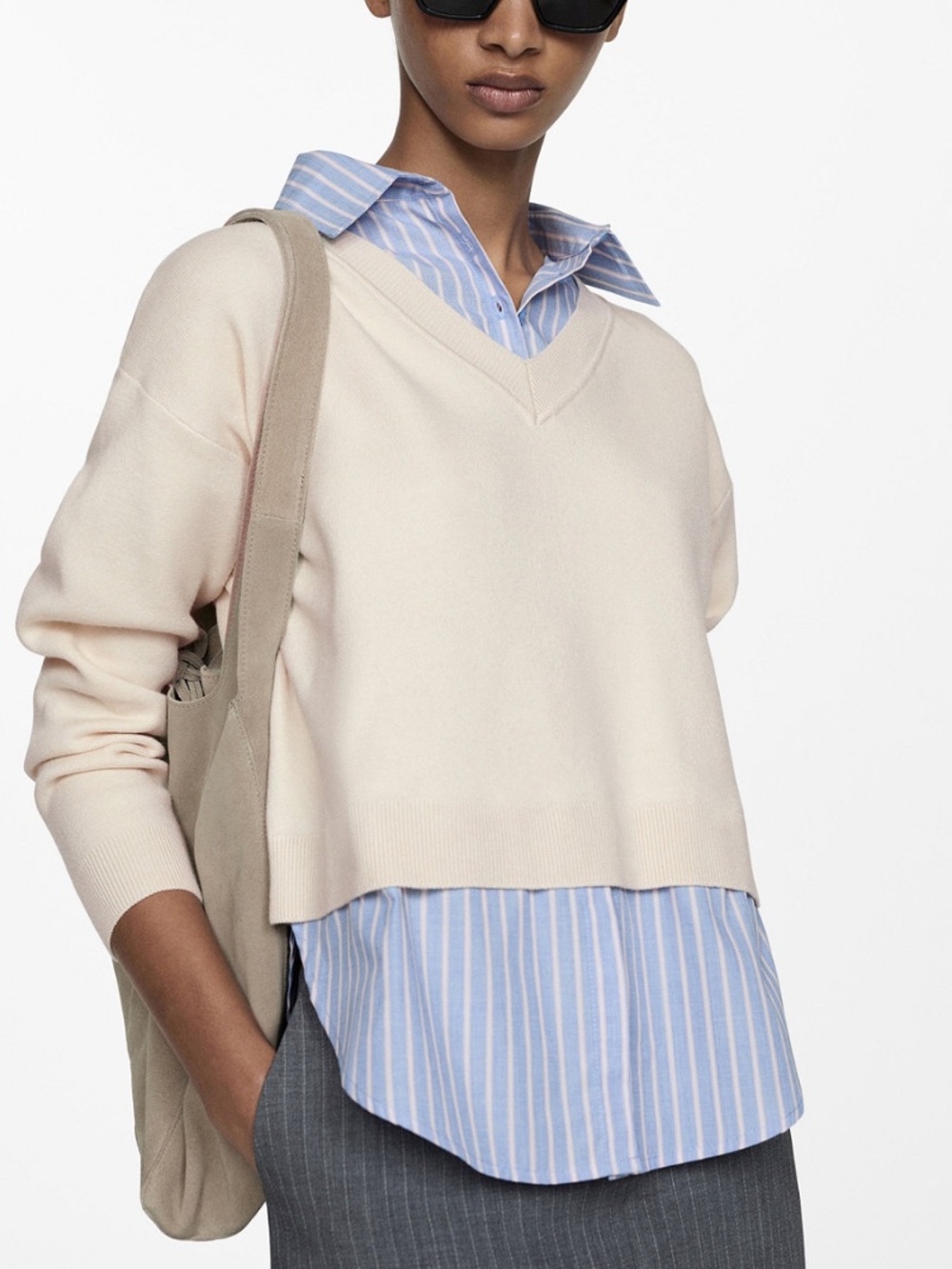Mango Chiara Combined Shirt Sweater Twofer in Ecru NWT M